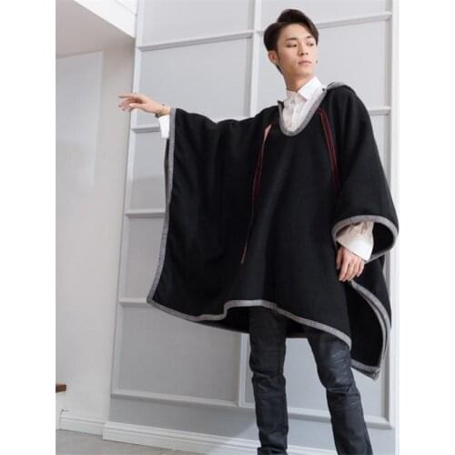 Mens coat fall/Winter new trend mens medium length loose hooded wool coat mens bat suede coat cape trend