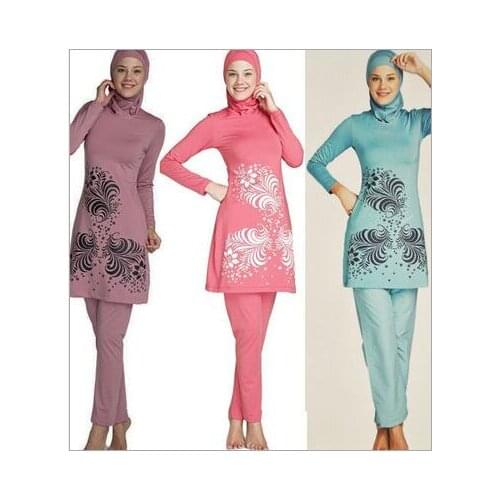 Whole Sale 10 sets/lot Women Islamic Muslim Full Cover Costumes Modest Swimwear Swimming Arab 6 Flower Patterns Size S-4XL