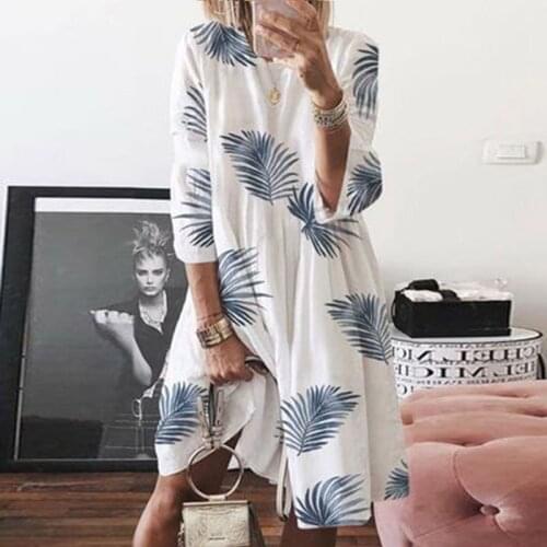 Casual Women Long Sleeve Knee-length Dress Autumn O-neck Printed Dresses Ladies Loose Sundress Streetwear Plus Size
