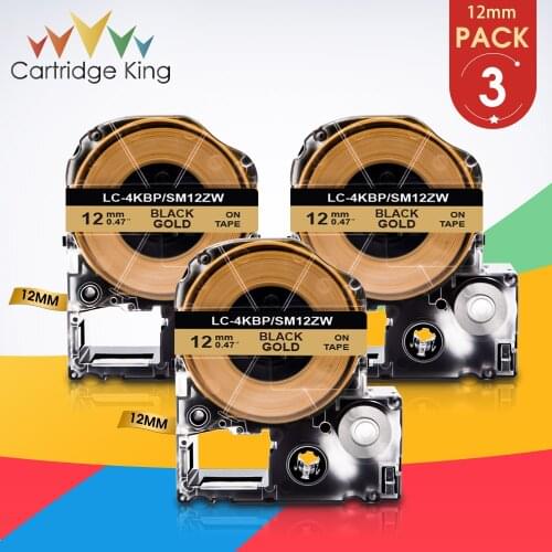 3PK 12mm Label Tape Black on Gold Compatible Epson Label Printer SM12ZW LK-4KBP 1/2" KingJim Label Maker Ribbon Cassette LW-300