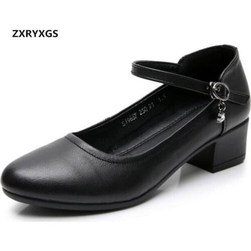 Soft Bottom Comfortable Mom Shoes Black Genuine Leather Shoes Women High Heel Shoes 2019 New Autumn Work Fashion Casual Shoes