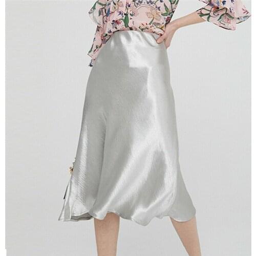 High Quality Women Satin Mid Skirts Office Lady Gold Silver Slim Long Skirt Fashion Summer Ladies Evening Party Sundress Vestido