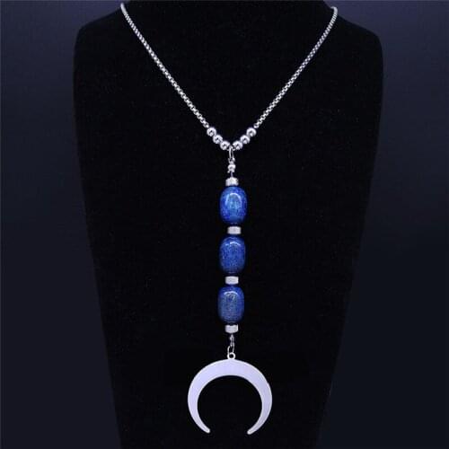 Moon Witchcraft Blue Natural Stone Stainless Steel Big Long Necklaces for Women Silver Color Chain Necklaces Jewelry collier NXS