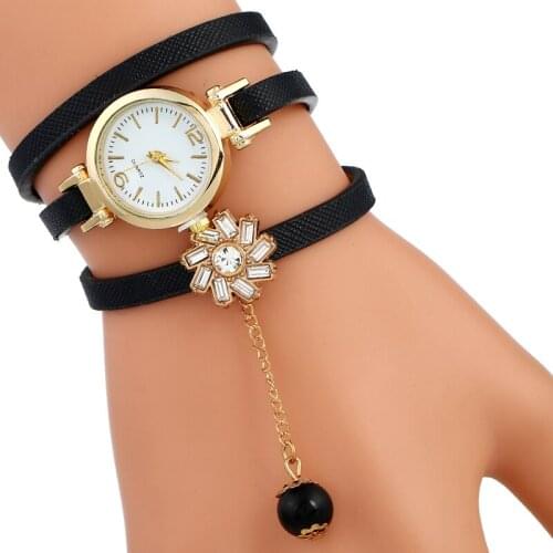 Gnova Platinum Fashion Strap Bracelet Women Watch Crystal Flower Black Pearl PU leather dress quartz wristwatch Small Dial A963