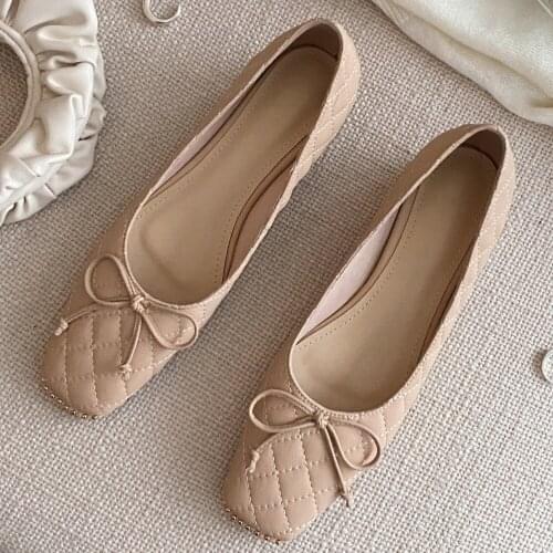 2021 Spring new womens sheepskin Sewing thread square toe slip-on flats single shoes beading decoraion bowtie korean style shoe