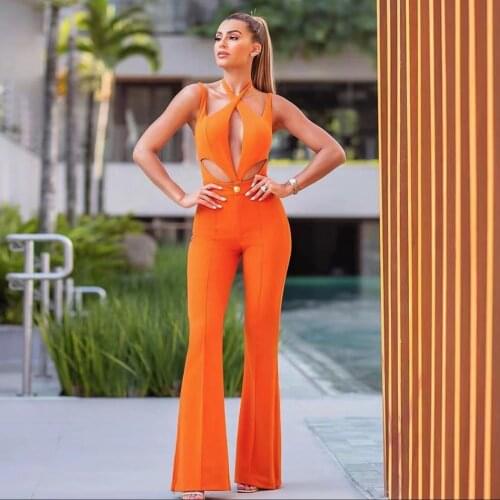 Sexy Hollow Solid Jumpsuit High Quality Womens Sleeveless Orange Bandage Jumpsuit Celebrity Fashion Show Party Costume