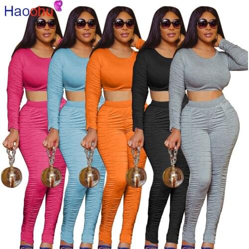 HAOOHU Sexy Stacked Two Piece Set Solid Full Sleeve Crop Tops Skinny Streetpants Night Party Club Outfits Suits Women Clothes