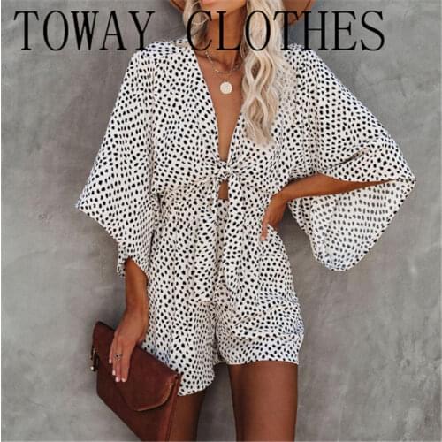 Summer Women Dot Print Short Sleeve V-Neck Loose Lace-up Rompers Vintage Above Knee One Piece