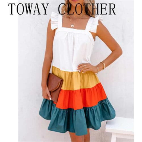 Women Ruffles Square Neck Ruched Casual Dress Colorblock Sleeveless Mini A-line Dress