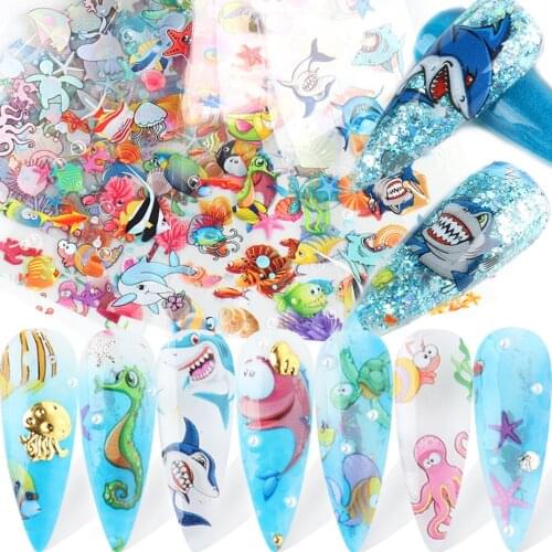 10pcs Ocean Fish Nail Foil Starfish Shells Coral Turtle Shark Animal Gradient Mermaid Transfer Sticker Full Wrap Decor SASW7105
