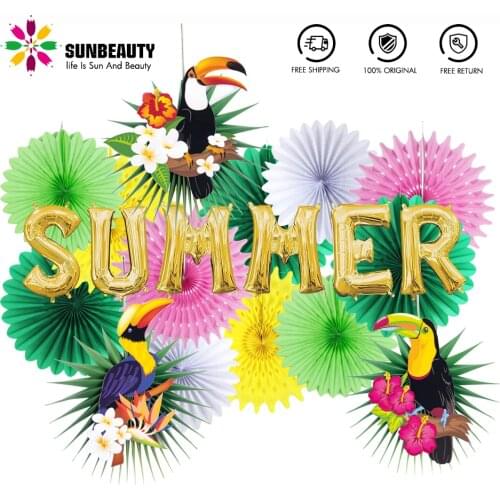 17pcs Toucan Party Decoration Kit Palm Leaves Paper Fans Pinwheels Hawaiian Luau Tropical Jungle Summer Gold Foil Balloons