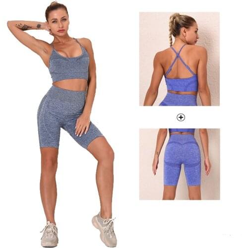 2pcs/Set Biker Shorts Bra Sets Women Seamless High Waisted Shorts Shockproof Sport Bra Wear Outdoor Women Sports Gym Slim Set