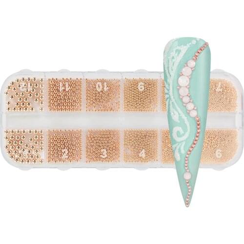 8Model 12Girds Steel Beads Nail Art,Samll Circular Mix Colors/Size Caviar Beads Manicure Jewelry Rose Gold Solid Steel Beads