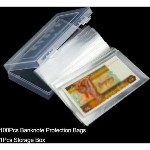 100Pcs Banknote Bills Coins Protection Storage Bags+ 1*Box Cover Paper Money Protector Sleeves Holder Storing Display Collection