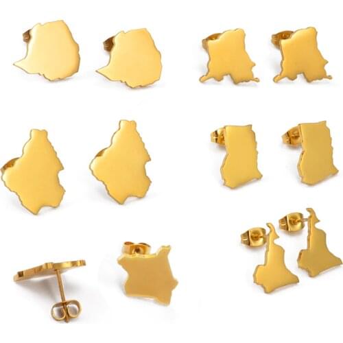 Anniyo Stud Earrings Zimbabwe Nigeria Kenya Congo Ghana Cameroon Map Jewelry for Women Girls Gold Color African Earrings #205821