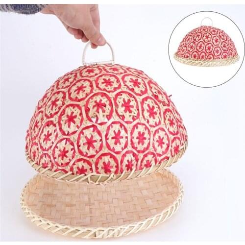 Bamboo Weaving Dustproof Cover With Plate Creative Food Tray Vegetable Fruit Bread Dishes Tent Basket Random Color