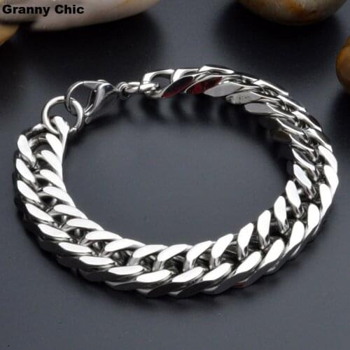 Granny Chic 12mm/15mm/17mm Mens Jewelry Fashion High Quality Silver Stainless Steel Curb Cuban Link Bracelet 8.66"