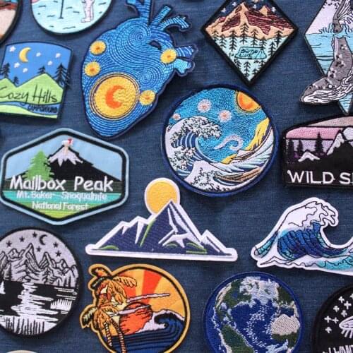 DIY Art Painting Wave Patch Mountain Iron On Patches For Clothing Outdoor Travel Adventure Badge Earth Applique On Clothes