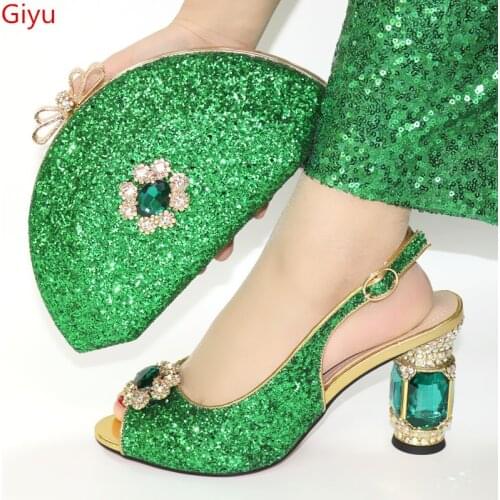 Doershow New Arrival African Wedding Shoes and Bag Set green Italian Shoes with Matching Bags Nigerian Women party!HFY1-7