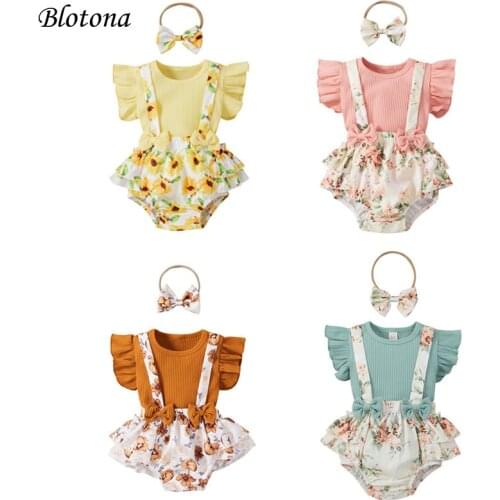 Blotona Toddler Baby Flower Print 3Pcs Set, Infant Girls O-neck Flying Sleeve Tops + Suspender Shorts + Headband Set, 0-18Months