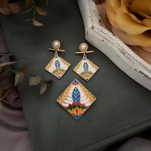 New retro GongTingBo Bohemia wind square brooch silver needle drop glaze enamel earrings exposed pins earrings