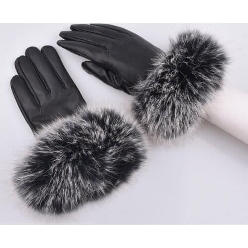 Genuine leather gloves female thickening leather gloves womens fox fur sheepskin thermal gloves