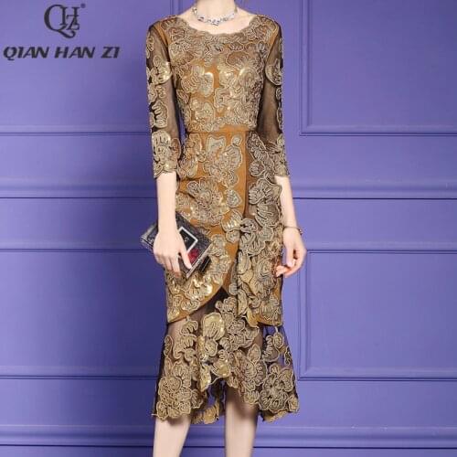 Qian Han Zi 2020 Fashion Summer Dress Women 3/4 Sleeve high quality vintage Mesh Sequin Embroidered Slim mermaid/Bodycon Dress
