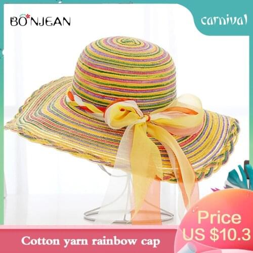 BONJEAN Bow-knot Big Dome Hat Summer Ladies Cotton Yarn Rainbow Hat Outdoor Beach Sun Hat Visor Straw Hat 2019 New Girl Gift