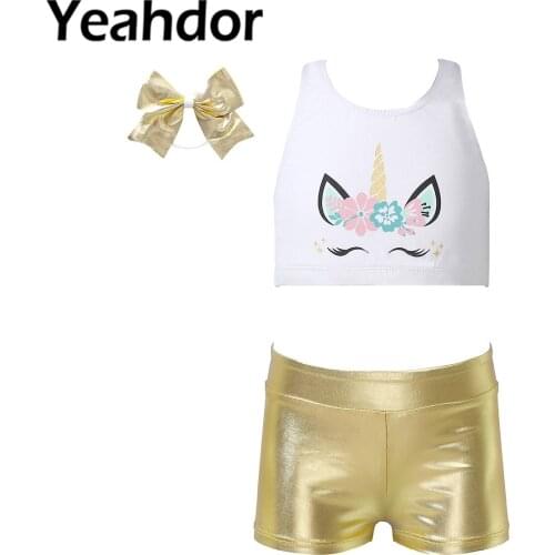 Kid Girls Stylish Sport Clothes Dancewear Sleeveless Crisscross Back Pattern Print Top Bronzing Shorts with Bowknot Headband Set