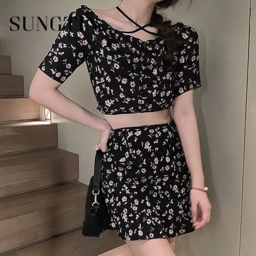 Sungtin Sexy Print 2 Piece Blouse and Skirt Sets Summer Slash Neck Floral Short Blouses Chic Slim Ruffles Mini Skirts Streetwear