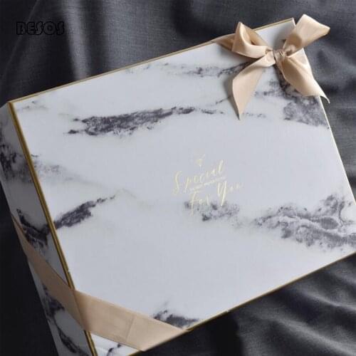 Ins Style Luxury Marbled Bronzing Letter Ribbon Gift Box Wedding Party Valentines Day Candy Flower Cardboard Paper Gift Box Bag
