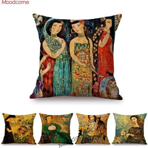 Vintage Retro Ancient Girl Beauty Goddess Home Decor Elegant Lady Linen Sofa Throw Pillow Case Floral Princess Cushion Cover
