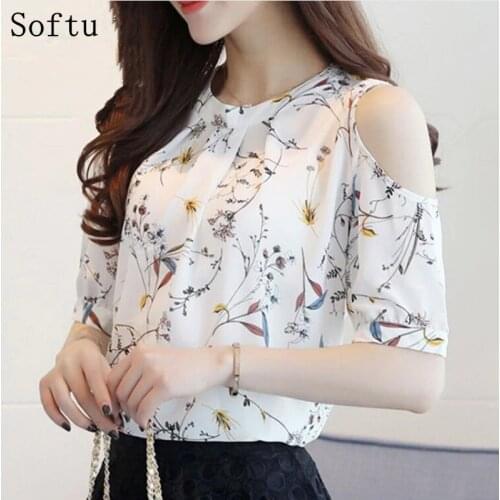 Softu Womens Fashion Elegant Off Shoulder Blouses Chiffon Print Blusas Floral Shirt For Women Ete Plus Size Female Tops