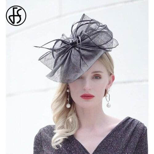 FS Black Feather Party Hats For Women Sinamay Fascinator Hat Wedding Church Bridal Cocktail Headwear Hair Accessory