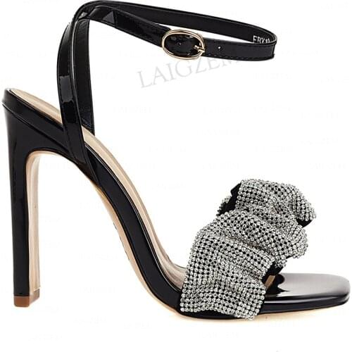LAIGZEM Women Sandals Bling Rhinestone ThickHeels Wedding Party Real Leather Shoes Woman Ankle Strap Big Size 39 41 42 43