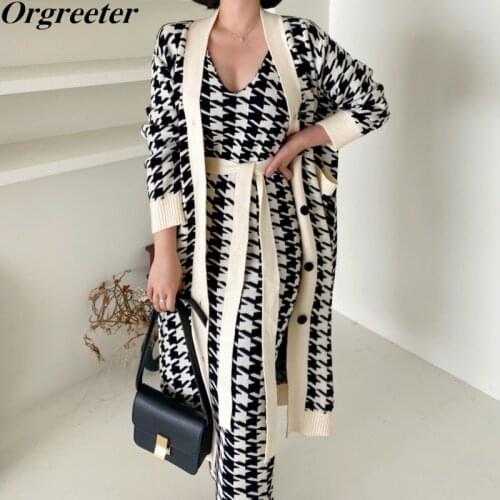 Houndstooth 2 piece Sweater Set Long Sleeve Singe-breasted Knitted Long Cardigans Coat Women V-neck Sashes Vest Knit Dress Suits