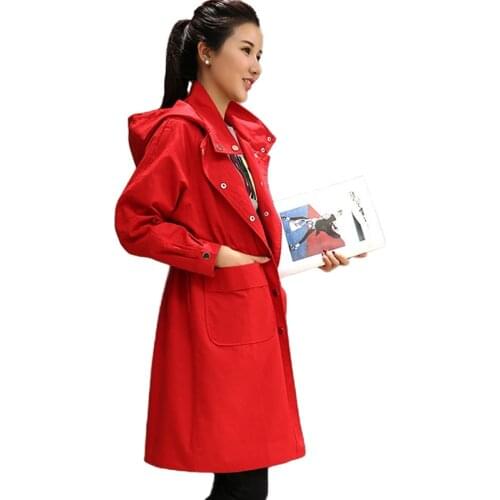 New Fashion Red Hooded Trench Coat Women 2019 Spring Autumn Plus size Cotton Windbreaker Female Belt Slim Large size Trench H810