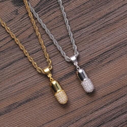 2pcs Tiny Iced Out Pill Capsule Pendants Pave Cubic Zircon Necklace For Women Men Bling Hip Hop Rapper Jewelry Gift