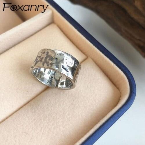 Foxanry 925 Sterling Silver Wide Rings New Trendy Elegant Couples Vintage Texture Thai Silver Party Jewelry Lover Gift Wholesale