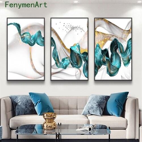 Abstract Canvas Painting Gold Classical Luxury Poster Blue Ribbon Picture Modern Wall Art Nordic Print for Living Room Decor