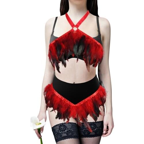 Hollow Bra Full Body Bondage Harness Fashion Waist Suspender Fetish Lingerie Erotic Stocking Garters Red Feathers Accessories