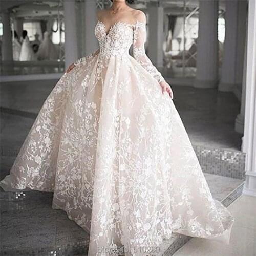 Ball Gown Illusion Sweetheart Skirt Inside Organza Long Sleeves Backless Luxury Lace Bridal Gown Robe De Mariee