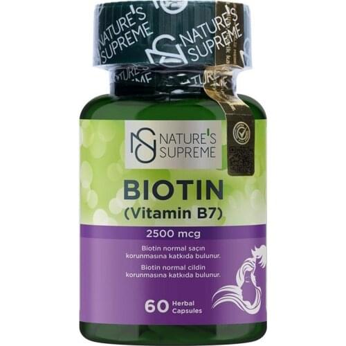 Natures Supreme Biotin 2500 Mcg 60 Capsules Herbal Tablettes NO AROMA Biotina Cabello For Hair Biotine 60 Tablets