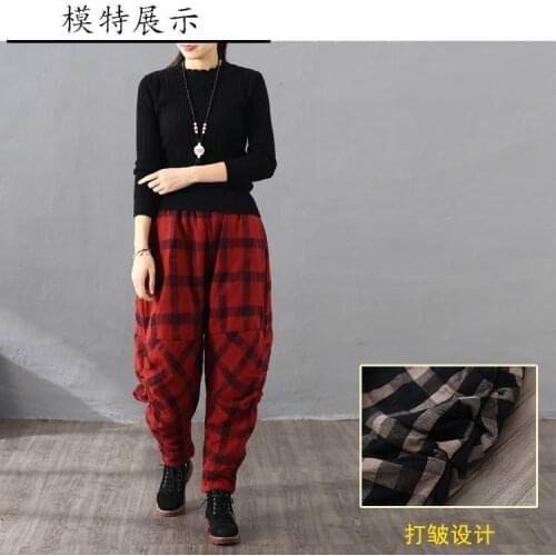 Spring Summer Arts Style Women Elastic Waist Harem Pants Vintage Cotton Linen Plaid Pants Loose Female Trousers Plus Size