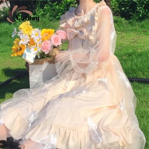 Cotday Lolita Sweet Bow Feather O-neck Ball Gown New Cute Lace Lotus Leaf Princesses Fairy Woman Dresses