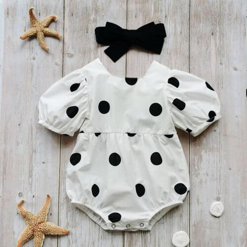 Infant Baby Girl Clothes Polka Dot Printing Puff Sleeve Romper Bow Headband Outfit Sweet Style Baby Summer Clothing
