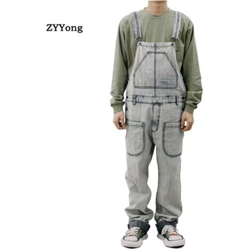 Fashion Men Denim Jumpsuits Bib Overalls High Street Straight Loose Jeans Hip Hop Streetwear Cargo Pants Cowboy Homme Trousers
