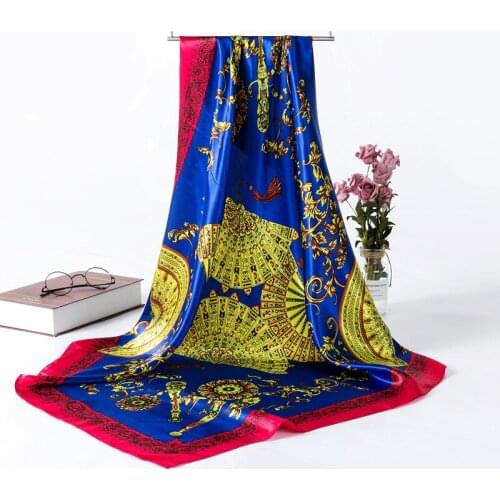 Square Rayon Scarf Women Luxury Brand Flowers Foulard Cheveux Soie Big Bandana Hijab Head Satin Rayon Scarves Shawl 90*90cm