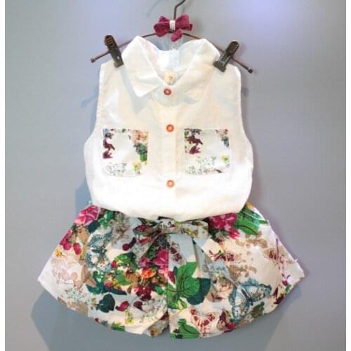 Fashion Linen suit for girls Summer sleeveless shirt with floral shorts Childrens Clothing Set 2-8 ages 2Pcs baby clothing set