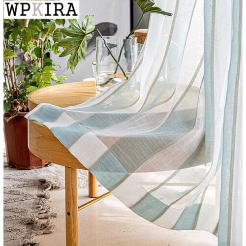 Nordic Curtain for Living Room Blue Stripe Sheer Drape Linen Fabric Kitchen Balcony Window Bedroom Voile Gauze Blinds S396#D
